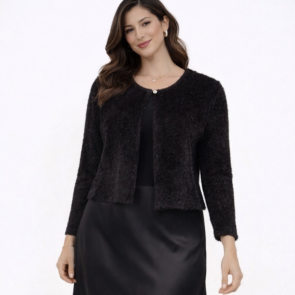 ✨Joseph Ribkoff Black Textured Evening Cardigan – No Size Tag (See Measurements)
